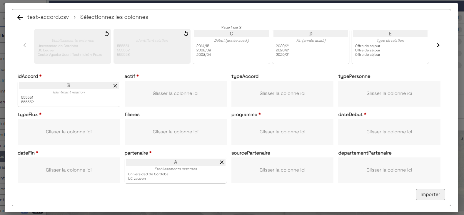 Assistant import CSV — étape de mapping des colonnes